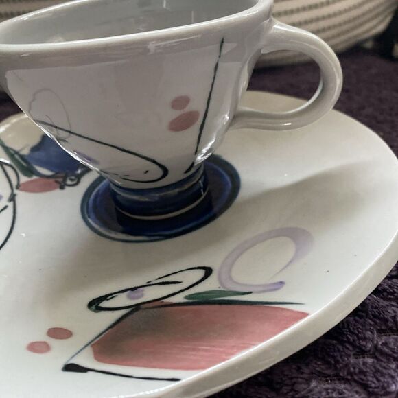 Handcrafted Artisan Cup Mug Saucer Studio Thrown Pottery‎ Drip Glaze Signed - Picture 3 of 13